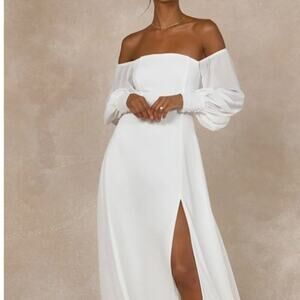 Lulus Wm's Feel the Romance White Off-the-Shoulder Chiffon Maxi Dress Sz L #613